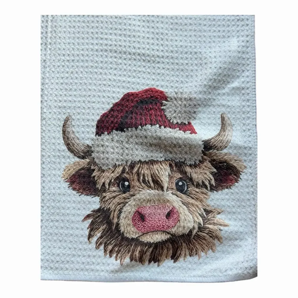 Vintage Christmas Highland Cow Kitchen Towel Waffle Weave Holiday Hostess Gift
